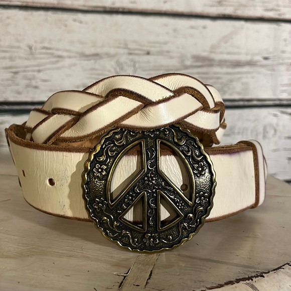 Lucky Brand Accessories - Lucky band braided peace sign white belt